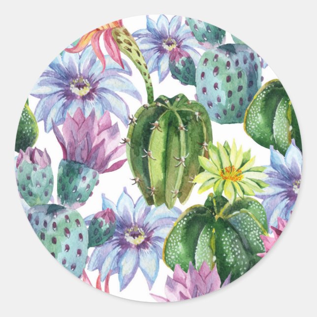 Hand Painted Watercolor Cactus Pattern Classic Round Sticker (Front)