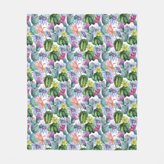 Hand Painted Watercolor Cactus Pattern Fleece Blanket (Front)