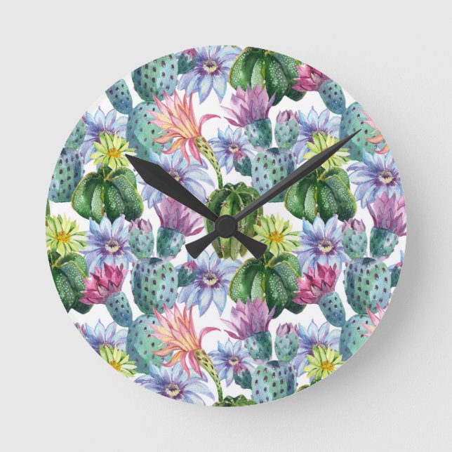Hand Painted Watercolor Cactus Pattern Round Clock (Front)