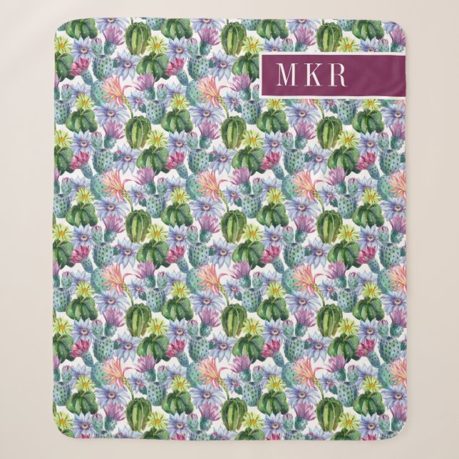 Hand Painted Watercolor Cactus Pattern Sherpa Blanket (Front)