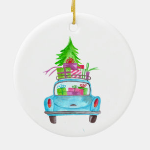 Hand painted watercolor Christmas car Ceramic Ornament