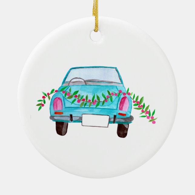 Hand painted watercolor Christmas car Ceramic Ornament (Back)