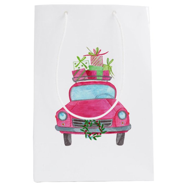 Hand painted watercolor Christmas car Medium Gift Bag (Front)