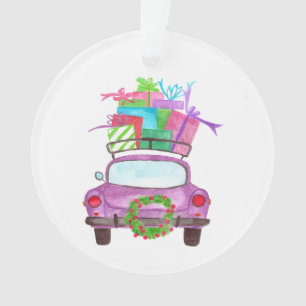 Hand painted watercolor Christmas car Ornament