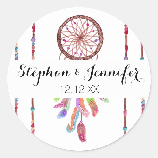 Hand Painted Watercolor Dreamcatcher Beads Feather Classic Round Sticker (Front)