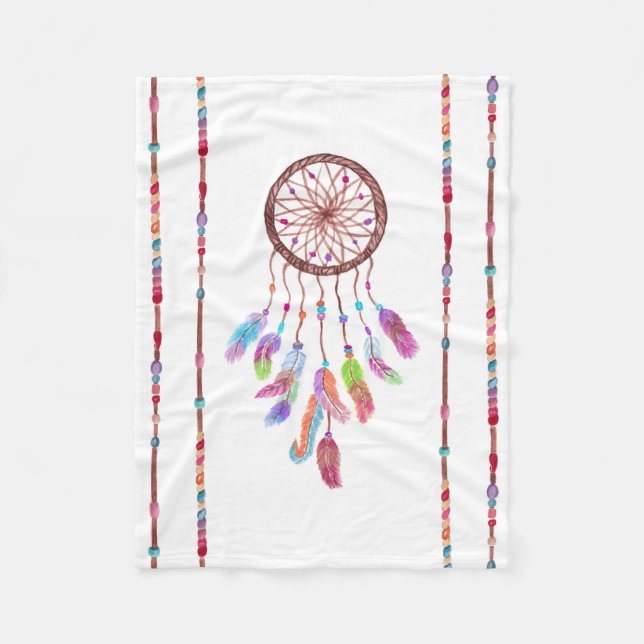 Hand Painted Watercolor Dreamcatcher Beads Feather Fleece Blanket (Front)
