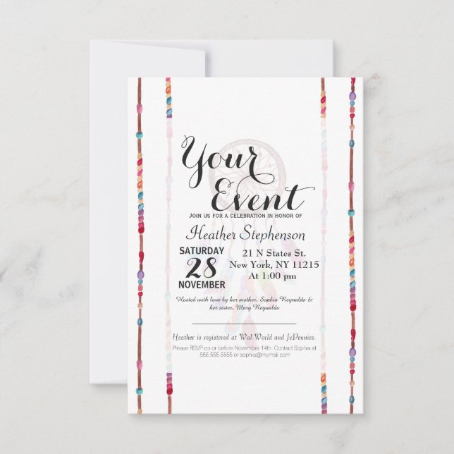 Hand Painted Watercolor Dreamcatcher Beads Feather Invitation (Front)