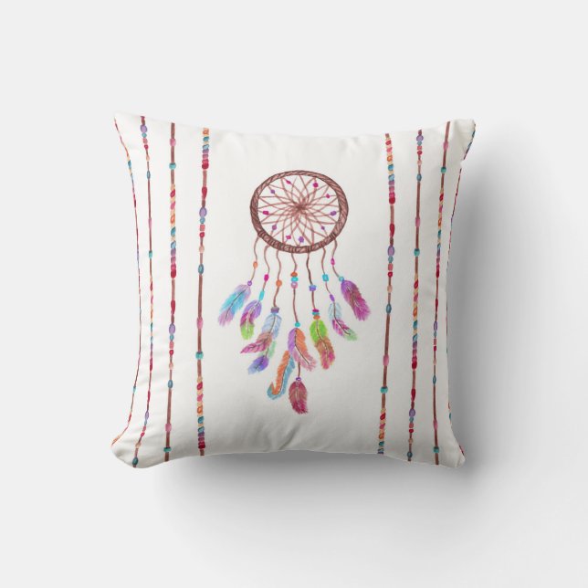 Hand Painted Watercolor Dreamcatcher Beads Feather Throw Pillow (Front)