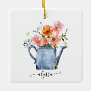 Hand-Painted Watercolor Floral Ceramic Ornament