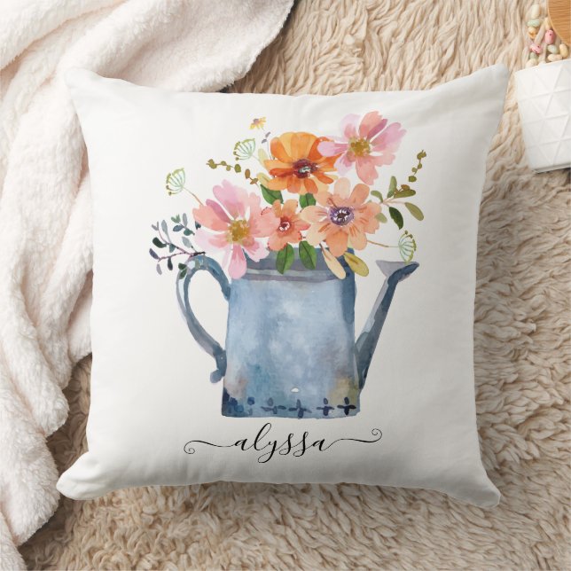 Hand-Painted Watercolor Floral Throw Pillow (Blanket)