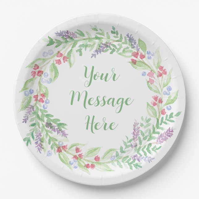 Hand Painted Watercolor Floral Wreath Paper Plate (Front)