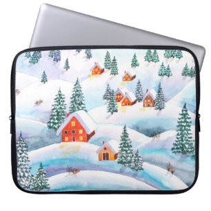 Hand painted watercolor illustration of the winter laptop sleeve