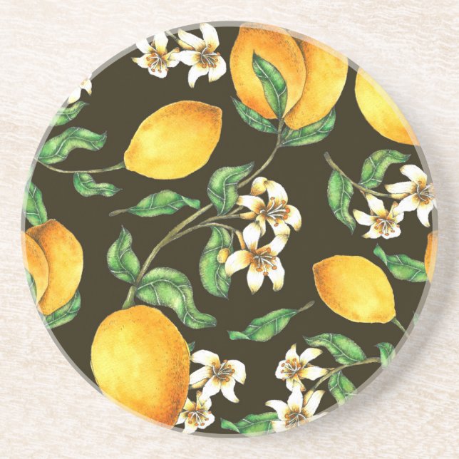 Hand Painted Watercolor Lemon Pattern Coaster (Front)