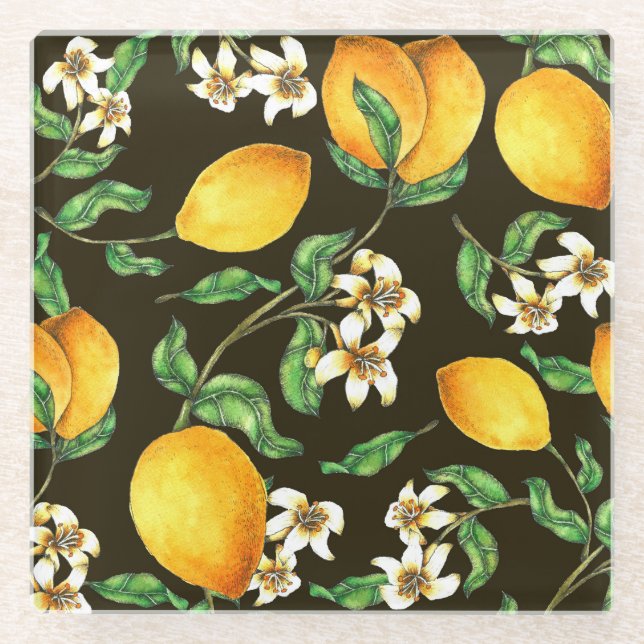 Hand Painted Watercolor Lemon Pattern Glass Coaster (Front)