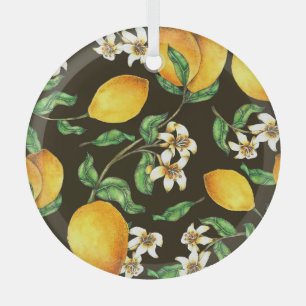 Hand Painted Watercolor Lemon Pattern Glass Ornament