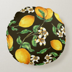 Hand Painted Watercolor Lemon Pattern Round Pillow
