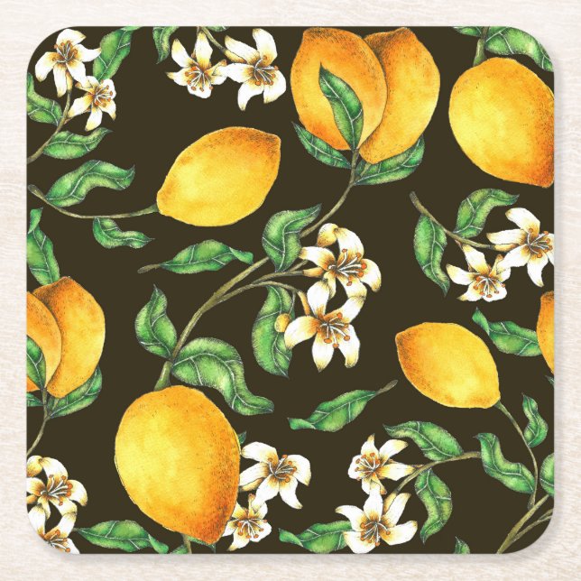 Hand Painted Watercolor Lemon Pattern Square Paper Coaster (Front)