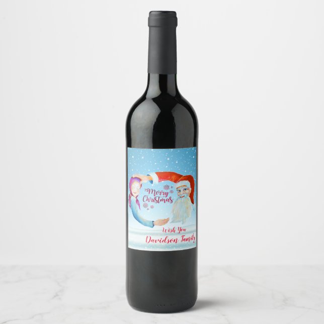 Hand-painted Watercolor Magical Santa Claus Wine Label (Front)