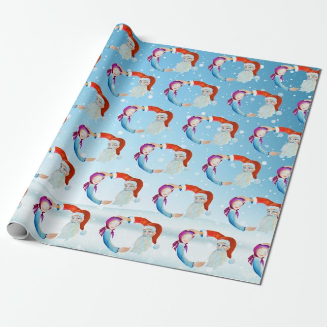 Hand-painted Watercolor Magical Santa Claus Wrapping Paper (Unrolled)