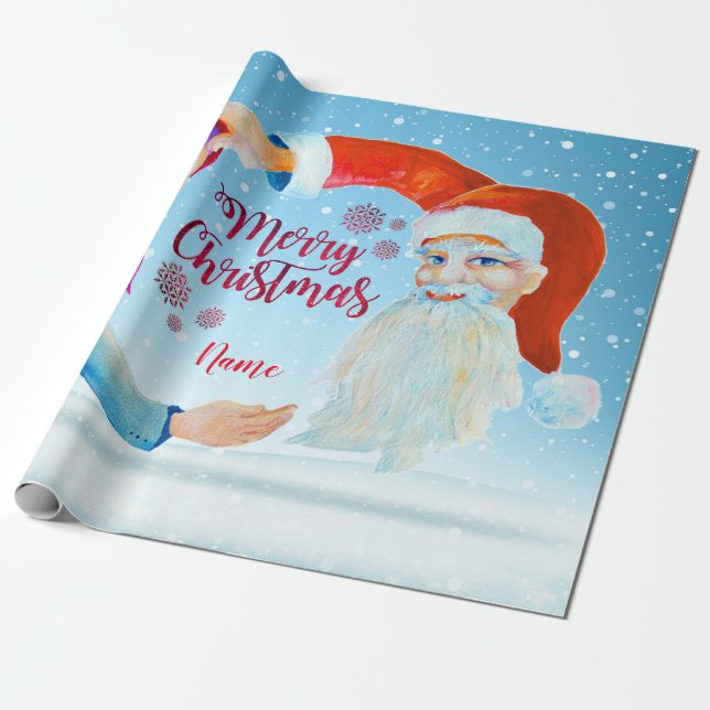 Hand-painted Watercolor Magical Santa Claus Wrapping Paper (Unrolled)