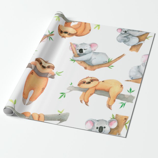 Hand painted watercolor pattern tropical cute anim wrapping paper (Unrolled)