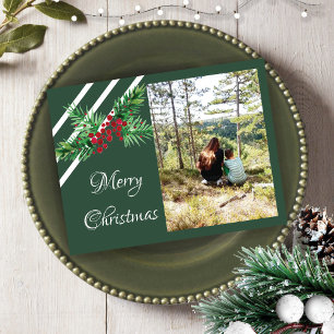 Hand Painted Watercolor Pine Wreath And Red Berry Holiday Postcard