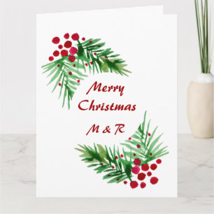 Hand Painted Watercolor Pine Wreath, Red Berries Card
