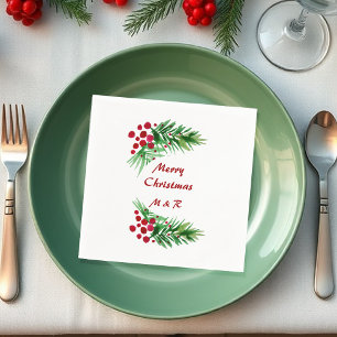 Hand Painted Watercolor Pine Wreath, Red Berries Napkin