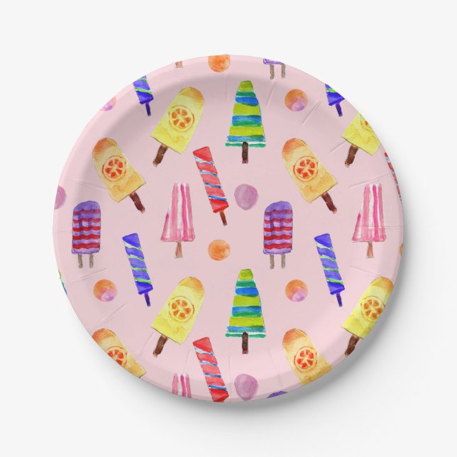 Hand-Painted Watercolor Popsicles Summer Party Paper Plate (Front)
