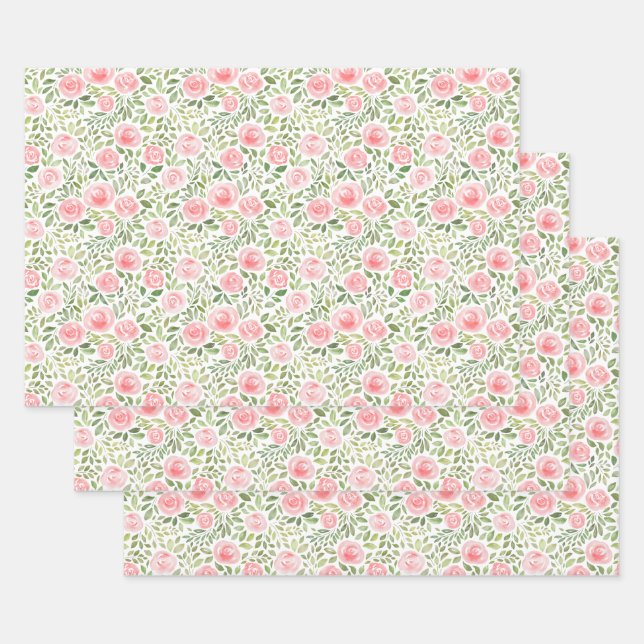 Hand Painted Watercolor Roses Wrapping Paper Sheet (Set)