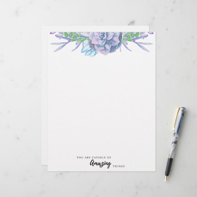 Hand Painted Watercolor Succulent Unlined Paper (Front/Back In Situ)