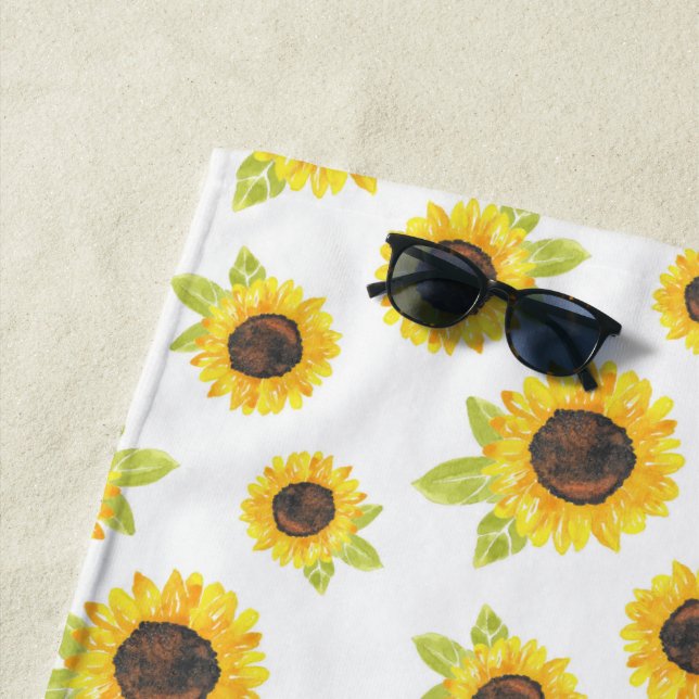 Hand Painted Watercolor Sunflower Pattern Beach Towel (In Situ)