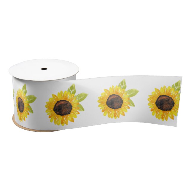 Hand Painted Watercolor Sunflower Pattern Satin Ribbon (Spool)