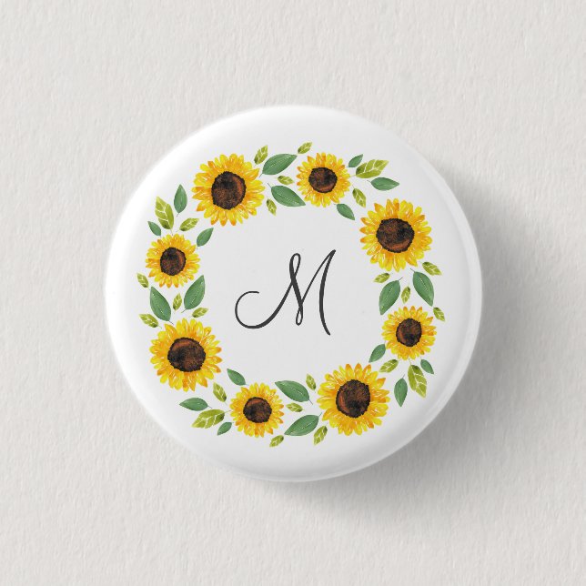 Hand Painted Watercolor Sunflower Wreath 1 Inch Round Button (Front)
