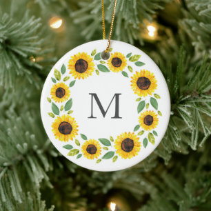 Hand Painted Watercolor Sunflower Wreath  Ceramic Ornament