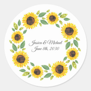 Hand Painted Watercolor Sunflower Wreath  Classic Round Sticker