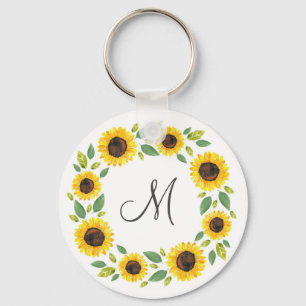 Hand Painted Watercolor Sunflower Wreath Keychain