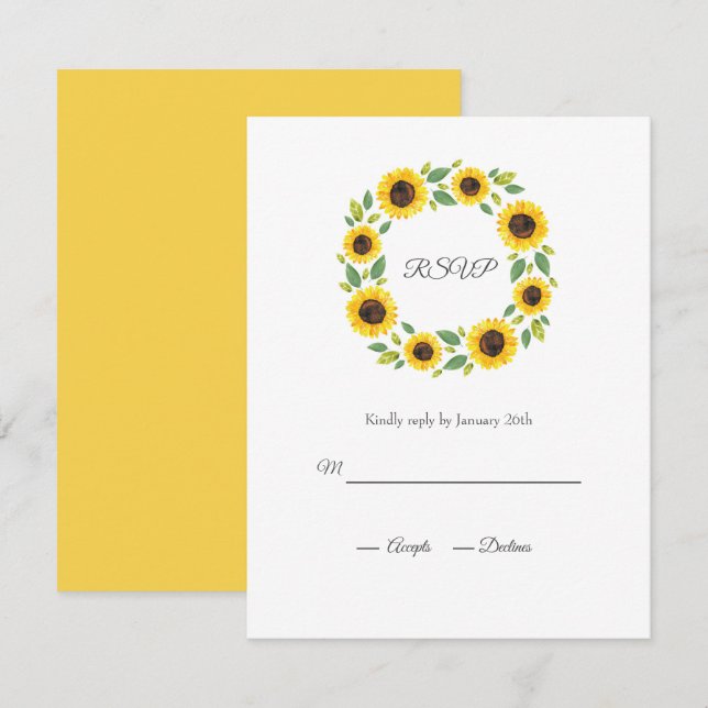  Hand Painted Watercolor Sunflower Wreath   RSVP Card (Front/Back)
