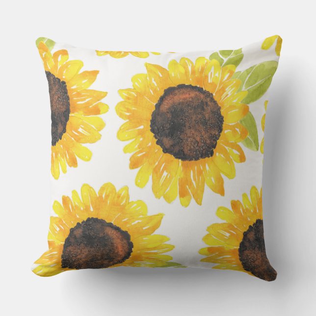 Hand Painted Watercolor Sunflowers Outdoor Pillow (Front)