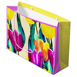 Hand painted watercolor tulips Yellow Pink Large Gift Bag