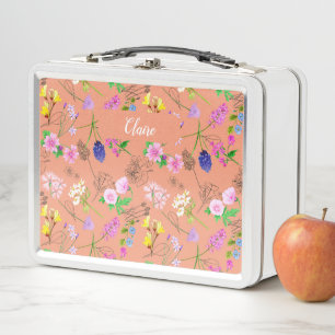 Hand-painted watercolour flowers custom peach  metal lunch box