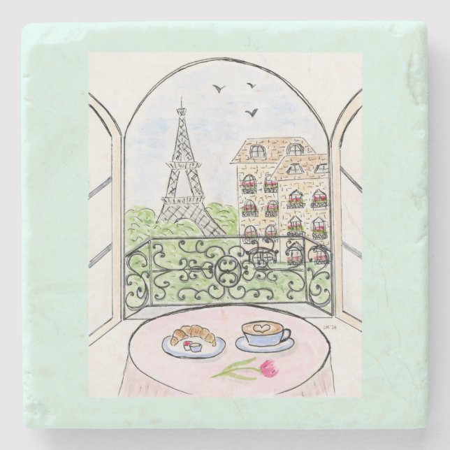 Hand painted Whimsical Paris Eiffel Cafe Croissant Stone Coaster (Front)