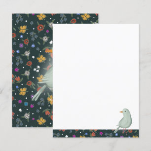 Hand-painted white Heron bird on wildflower patter Postcard