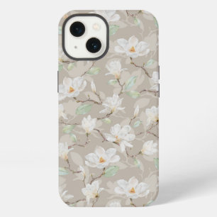 Hand Painted White Magnolia on Blush Beige iPhone 13 Case