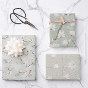Hand Painted White Magnolia on Pastel Green Wrapping Paper Sheet