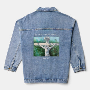 Hand Painted Whites and Greens " FOR GOD'' Denim Jacket