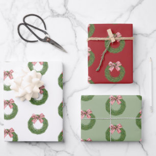 Hand Painted Winter Pine Wreath Striped Red Bow Wrapping Paper Sheet