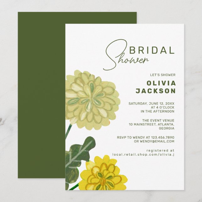 Hand painted yellow green Flower bridal shower Invitation (Front/Back)