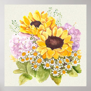 Hand painted yellow sunflowers purple hydrangea poster
