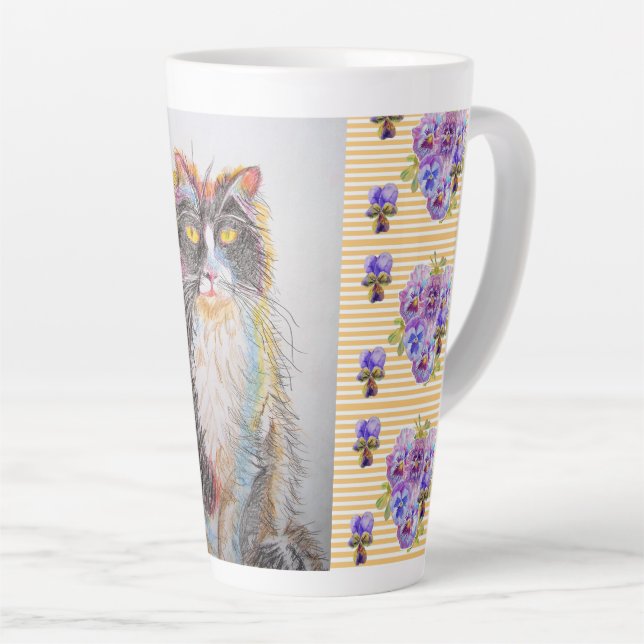 Hand Painted Yellow Tuxedo Cat floral Latte Mug (Right Angle)